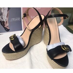 Black Wedge Sandals with Gold Buckle size 39